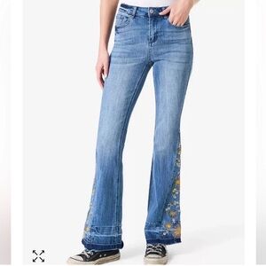 Ashley Mason Blue Flare Jeans with Yellow Floral Accents